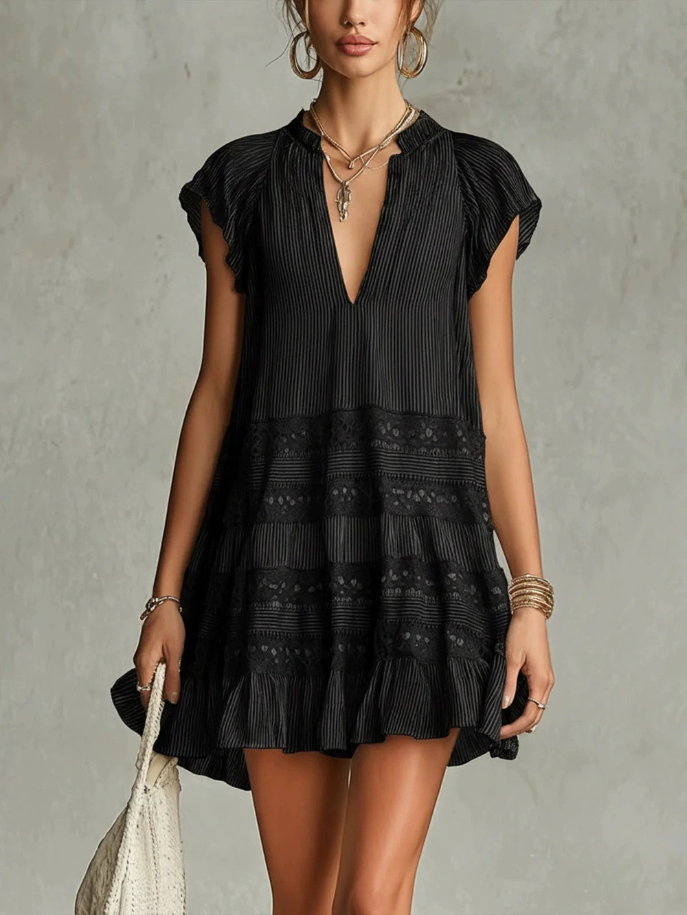 ZARA BF Black Striped Lace Collar Short Sleeve Slim Dress
